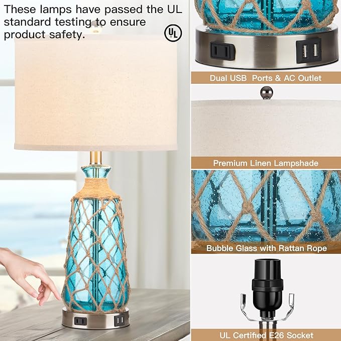 25.5" Coastal Glass Table Lamps Set of 2, 3-Way Dimmable Touch Control Bedside Lamps with 2 USB Ports and AC Outlet, Blue Nautical Nightstand Lamps for Bedroom Living Room (LED Bulbs Included) - Bloomnest