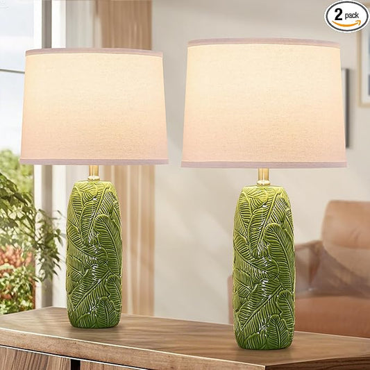25” Green Lamps Set of 2 with Leaves Design for Living Room, Bedroom, Retro Ceramic Table Lamps for Nightstand Set of 2 - Bloomnest