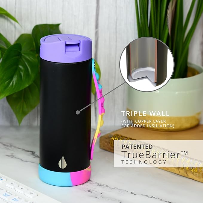 Elemental Iconic Kids Water Bottle for School - 100% Leak-Proof Insulated Water Bottles with Straw Lid & Pop-It Handle for Boys & Girls - Triple-Wall Insulated & BPA-Free, 14oz – Black Tie Dye - Bloomnest