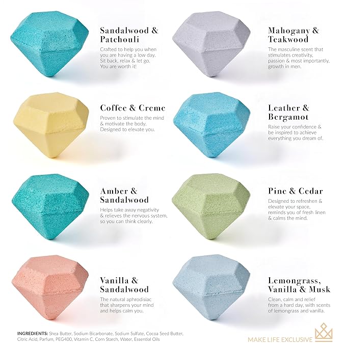 Bath Bombs for Men, Diamond Shape, Gifts for Men, 8 Large 5oz Bombs, 100% Natural Products & Essential Oils, Soak in, Bubble Bath - Bloomnest
