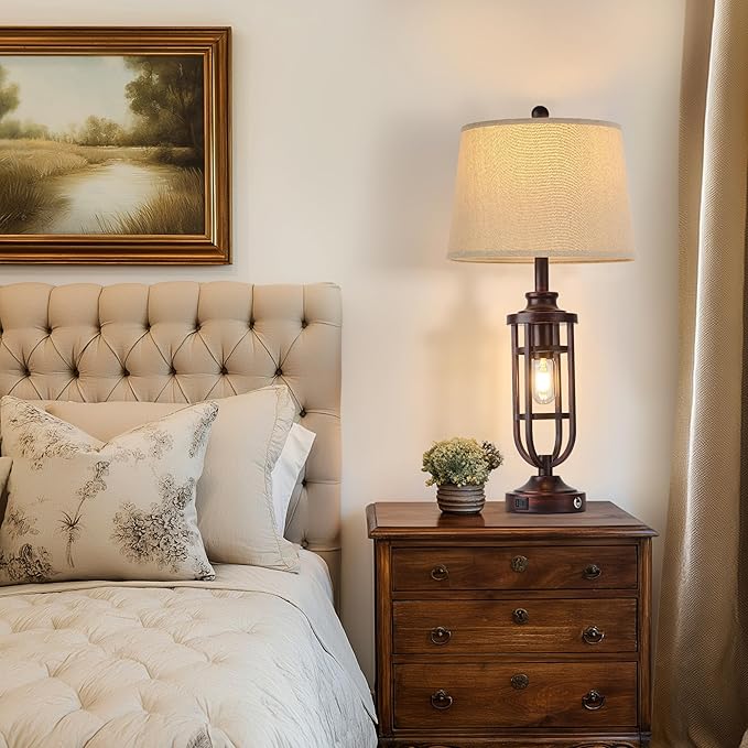 28" Table Lamps for Living Room Set of 2, Farmhouse Bedroom Lamps for Nightstand with USB A+C, Rustic Bedside Lamps for End Tables, Bulbs Included - Bloomnest