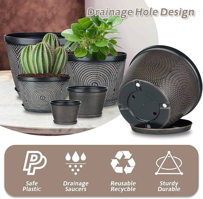 Quarut 4 Pack 8 Inch Flower Pots for Outdoor Indoor, Plastic Plant Pots with Drainage Hole & Saucer, Lightweight Small Flower Pot, Circle Pattern Planters for Garden House planters（Black Copper） - Bloomnest