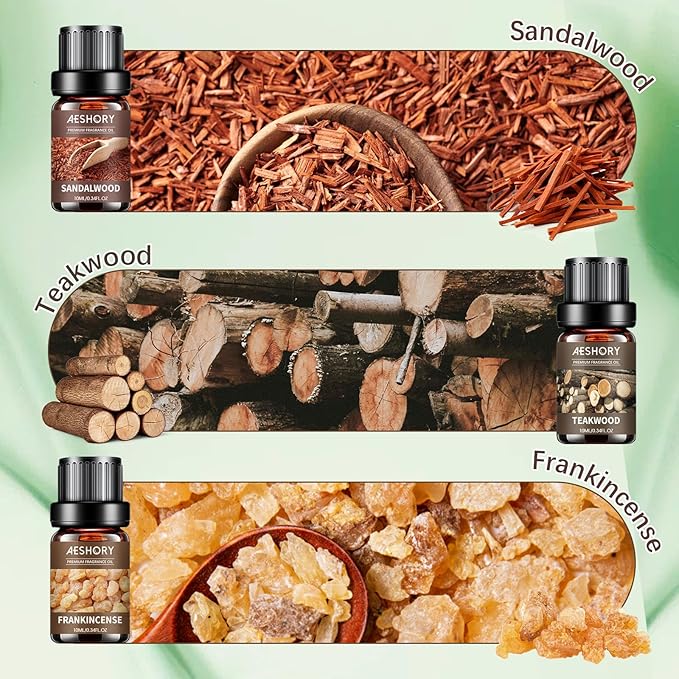 Woody Essential Oils Set - 6x10ML Woody Scents Fragrance Oil for Candle Making, Diffuser - Teakwood, Sandalwood, Cedarwood, Cyperss, Forest Pine, Frankincense Aromatherapy Oils - Bloomnest