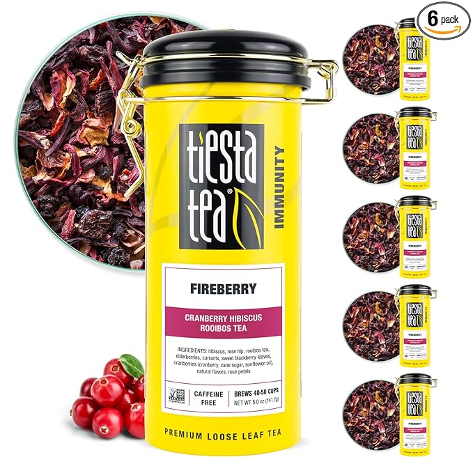 Tiesta Tea - Fireberry Cranberry Hibiscus Rooibos Tea | Loose Leaf | Premium Non-Caffeinated Rooibos Blend | Make Hot or Iced & Brews Up to 50 Cups | 30oz Refillable Tin, Pack of 6 - Bloomnest