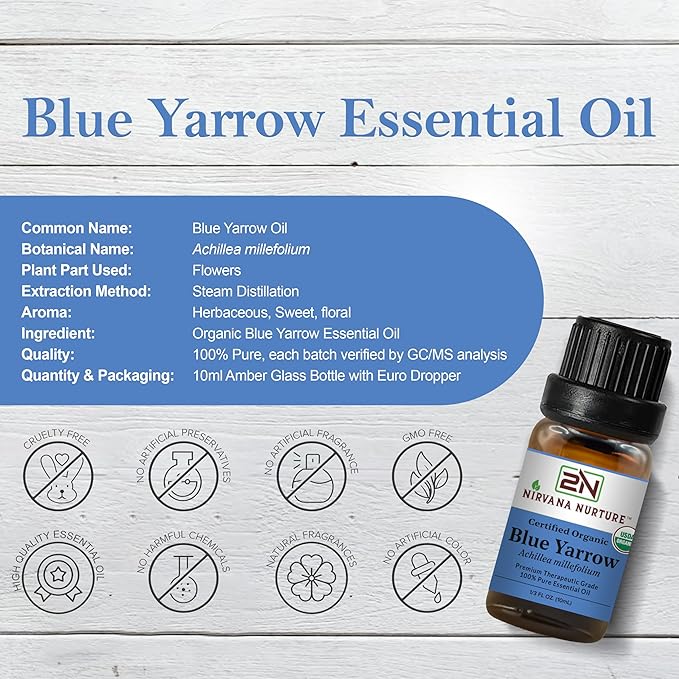 Blue Yarrow Essential Oil, USDA Certified Organic, 100% Pure Undiluted, Aromatherapy Oil for Diffuser, Hair & Skin Care NirvanaNurture