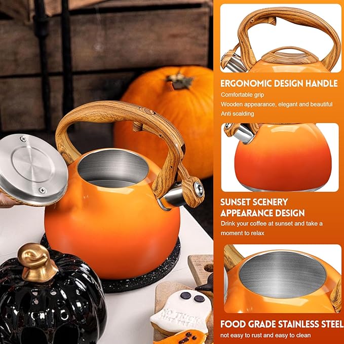 GGC Tea Kettle for Stove Top, 3.1QT/3L Whistling Tea Kettles for Boiling Water, Coffee or Milk, Red Sunset Tea Pot with Wood Pattern Handle, Stainless Steel Tea Pot for Home and Kitchen - Bloomnest