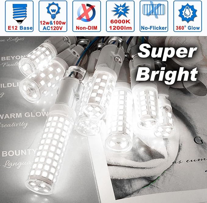 E12 100w LED Candelabra Bulbs Replacement C7,6000K Daylight Bright Cool White,1200 Lumen T6 E12 12W LED Candle Bulbs for Ceiling Fan Chandelier Pendant Lighting Salt Lamp,Non-dimmable,2 Pack - Bloomnest