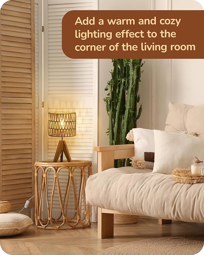 EDISHINE Small Table Lamp, Rattan Wood Tripod Bedside Lamp, Boho Nightstand Lamp for Living Room, End Table, Office, E26 Base, Natural Style - Bloomnest