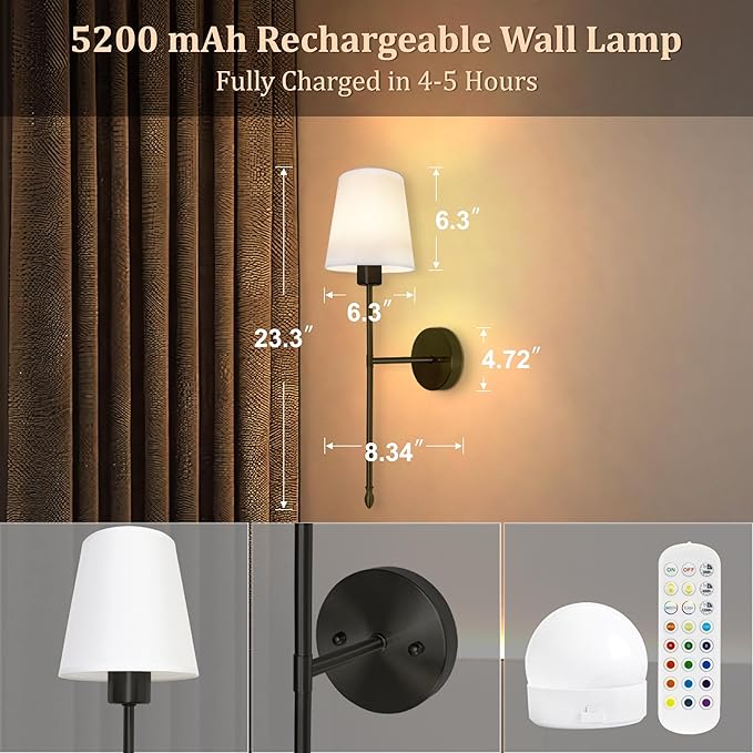 Battery Operated Wall Sconce Set of 2, 15 Colors Rechargeable Wall Lights with Dimmable Bulbs and Remote, Black Wireless Wall Lamp for Living Room Hallway Bedroom - Bloomnest