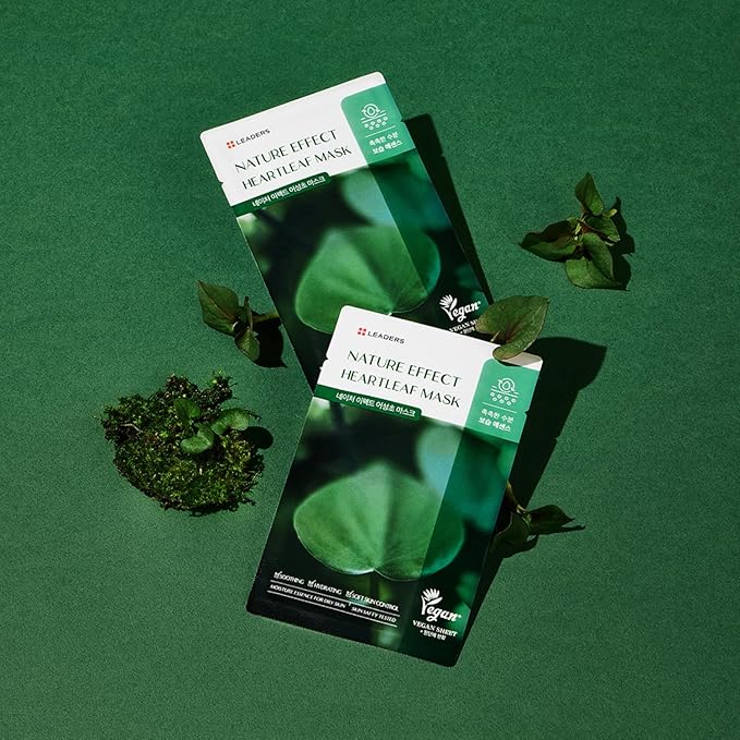 LEADERS Nature Effect Heartleaf Mask - Hydrating & Restoring Face Mask for Dry, Acne-Prone, Sensitive Skin | Soothing, Balancing, & Soft Skin Control Serum Content, Vegan Certified - 10 Sheets - Bloomnest