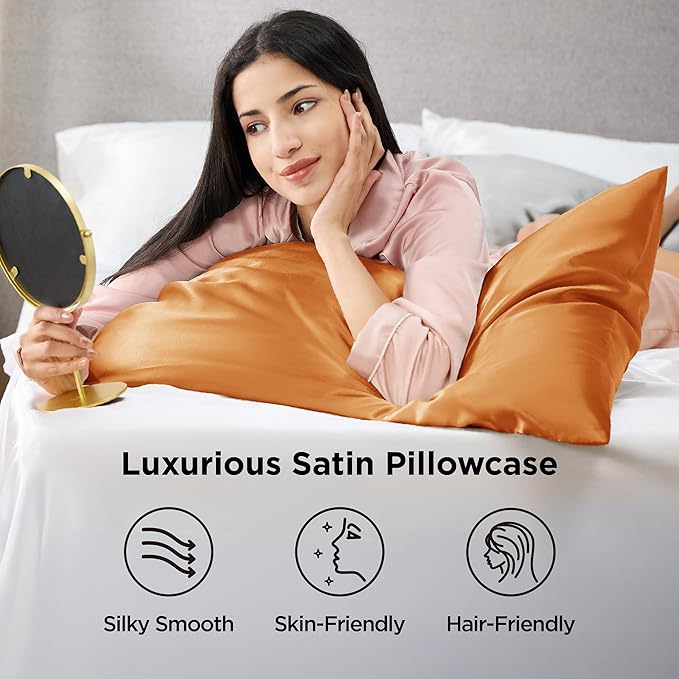 Bedsure Satin Pillowcases, Similar to Silk Pillow Cases Queen Size Set of 2, Pillow Case for Sleeping Women with Envelope Closure, Gifts for Women Men, Orange, 20x30 Inches, 2pcs - Bloomnest
