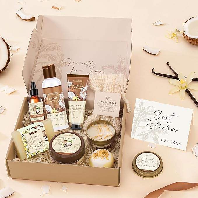 Gifts for Women Happy Birthday Gift Baskets, Bath and Body Gift Set Mothers Day Gifts, Vanilla Coconut Relaxing Home Spa Set Self Care Gift for Mom Sister Her Wife Grandma Girlfriend Friends - Bloomnest