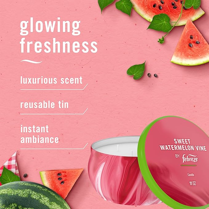 Febreze Scented Candle, Sweet Watermelon Vine Scent, 11 oz 4 Wick Candle, Single Pack - Bloomnest