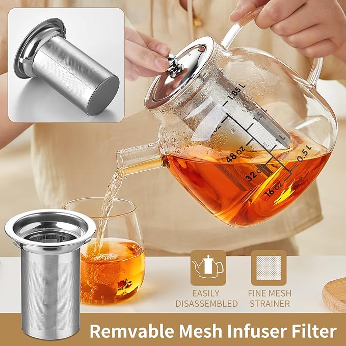 68OZ Glass Teapot Tea Pot With Infuser, Glass Kettle For Stove Top, Tea Glass Pot, 2000ML Glass Tea Cup With Infuser And Lid For Loose Leaf Tea Steeper, Dishwasher Safe - Bloomnest