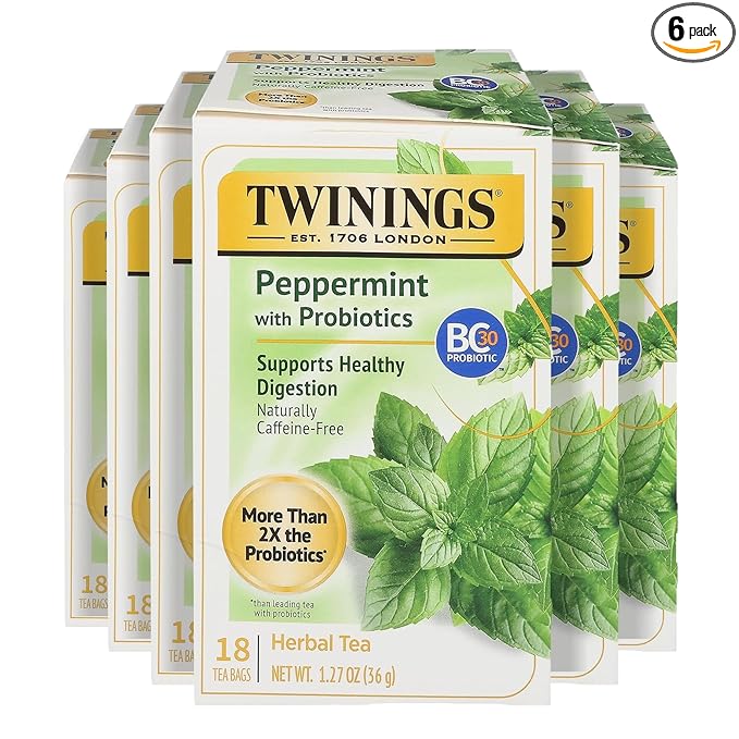 Twinings Superblends Peppermint with Probiotics Herbal Tea, 18 Count (Pack of 6), Naturally Caffeine-FreeEnjoy Hot or Iced, 96 Teabags - Bloomnest