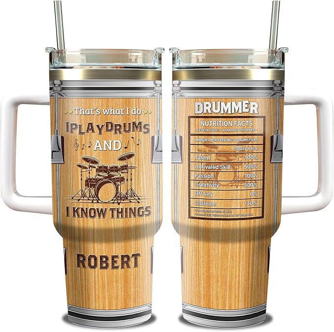 WAZONE Personalized Drummer Nutrition Facts Tumbler 40oz with Handle and Straw Custom Name I Play Drums And I Know Things Funny Saying Music Travel Mug Cool Gifts For Drummers Enthusiast Men - Bloomnest