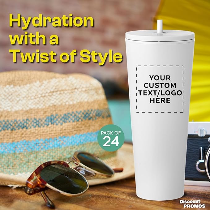 DISCOUNT PROMOS Custom Kenai Plastic Tumblers with Straw 24 oz., Set of 24, Personalized Bulk Pack - Ideal for Busy Professionals, With lids, Ice Coffee Tumbler, To Go Cup, Insulated - White - Bloomnest