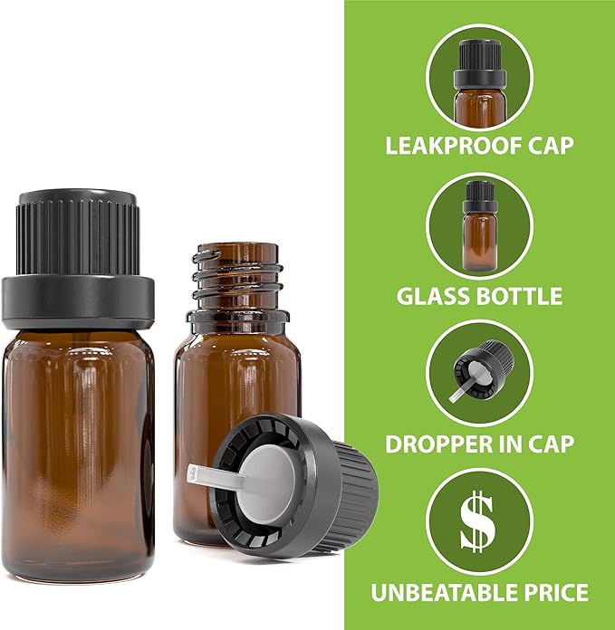 Wholesale Essential Oil Bottles Bulk - 270 Amber glass bottles With Caps and Droppers for Essential Oils, Aromatherapy, Perfume Samples, Mini 10 ml Glass Vials | Complete Carrier Oil Kit, DIY. VINEVIDA