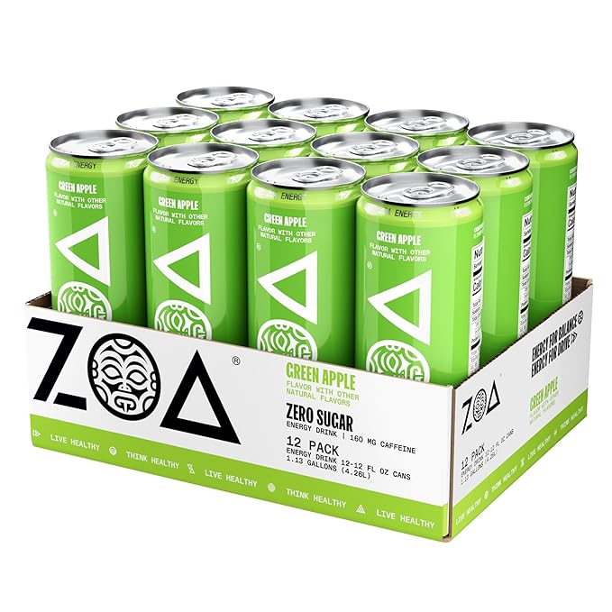 ZOA Zero Sugar Energy Drinks, Green Apple - Sugar Free with Electrolytes, Healthy Vitamin C, Amino Acids, Essential B-Vitamins, and Caffeine from Green Tea - 12 Fl Oz (12-Pack) - Bloomnest