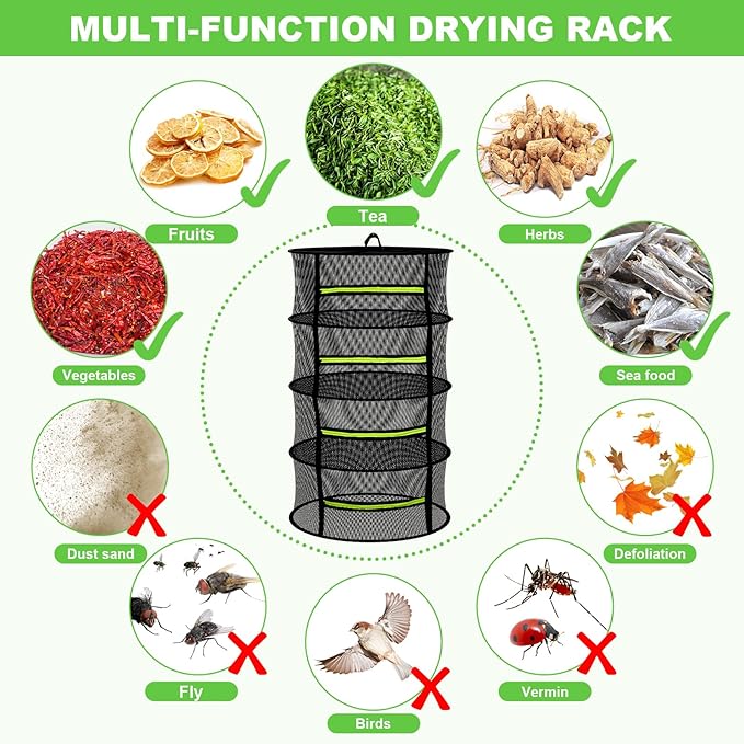 Herb Drying Rack with Mesh Design, Hanging Drying Rack with Green Zipper & Garden Pruning Shears – Versatile Plant Drying Solution (6 Layers) - Bloomnest
