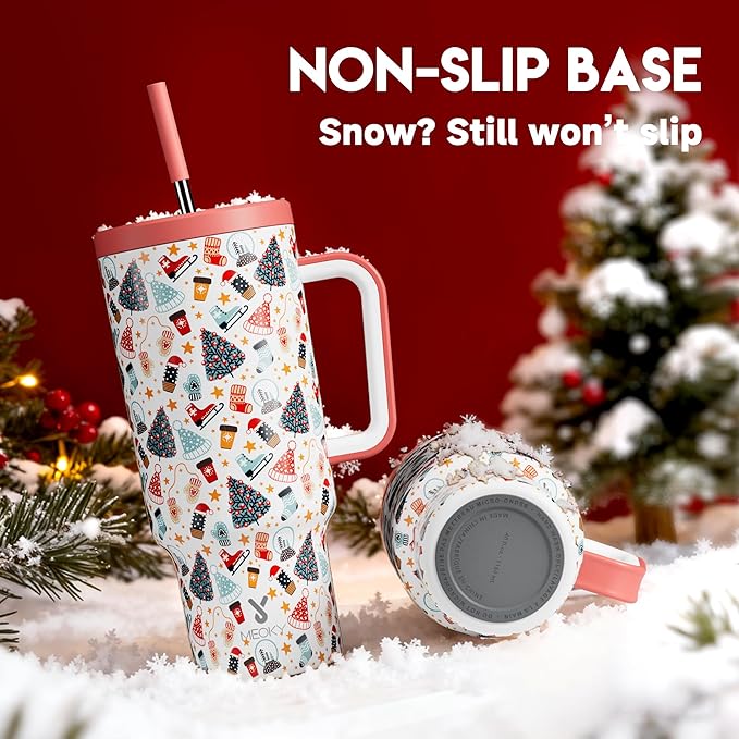 Meoky 40 oz Christmas Tumbler with Handle and Straw, Xmas Tumbler with Lid and Straw, Insulated Stainless Steel Travel Mug, Christmas Gifts for Women Men Adults (Snowy Fir) - Bloomnest
