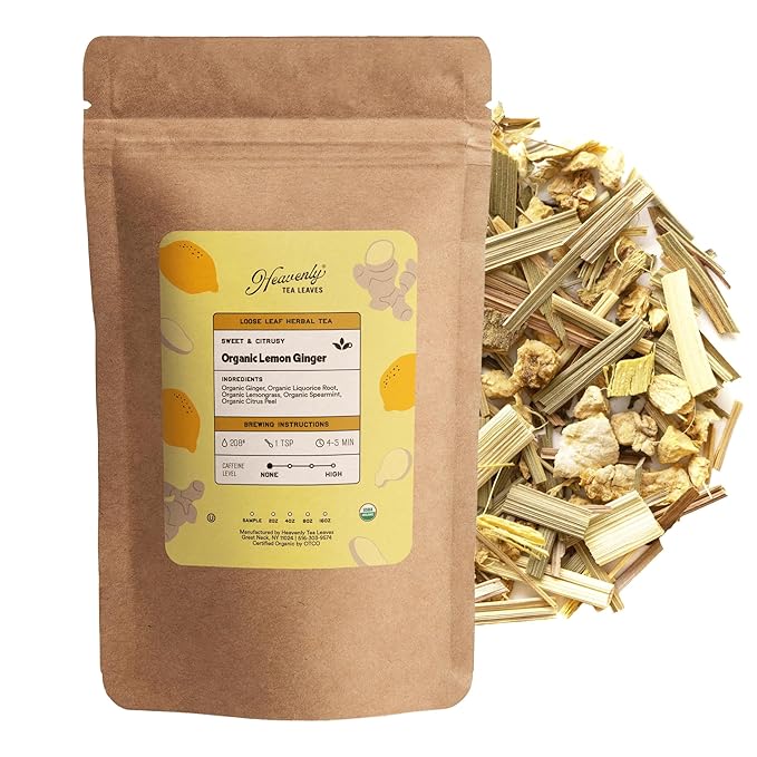 Heavenly Tea Leaves Organic Lemon Ginger, Loose Leaf Herbal Tea, 4 oz. (Approx. 50 Cups of Tea) - Naturally Caffeine Free, Perfect Hot or Iced! - Bloomnest