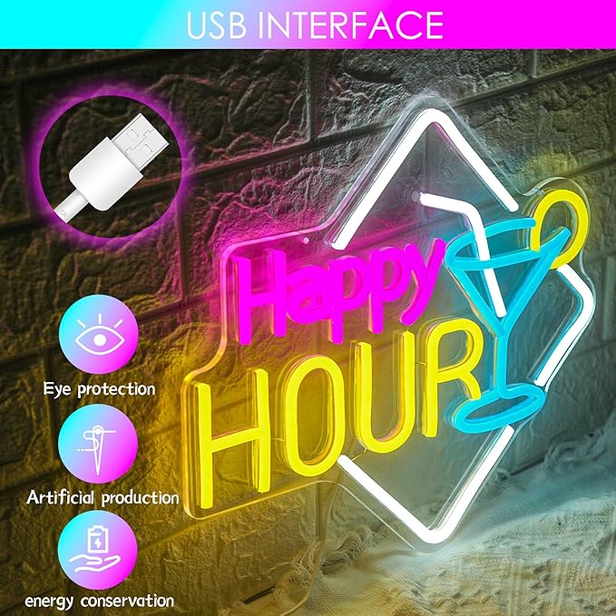 Happy Hour Neon Sign Dimmable Cocktails Happy Hour Neon Bar Sign for Home Bar Cocktails LED Neon Light for Beer Bar Pub Man Cave Restaurant Hotel Party Window Wall Decor - Bloomnest