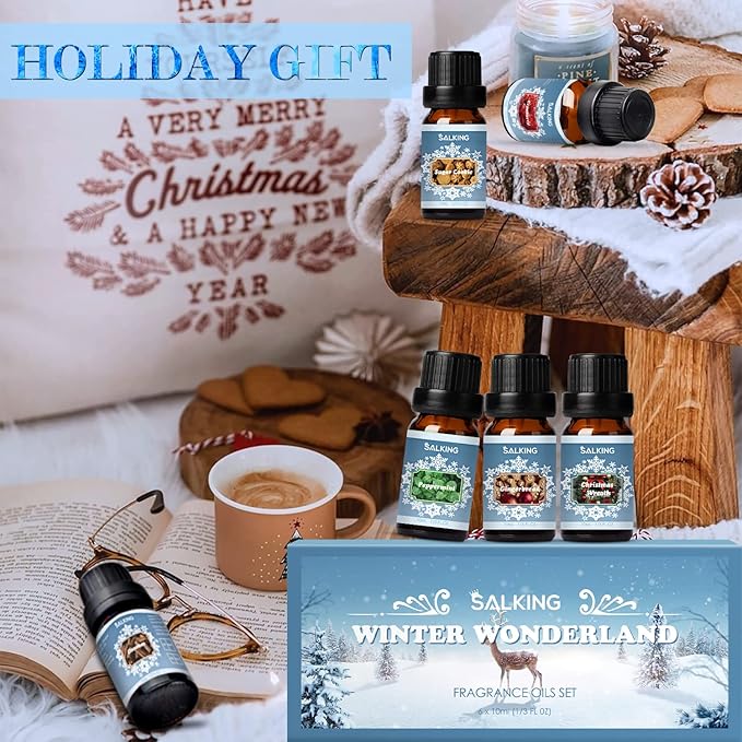 SALKING Winter Set of Scented Oils, Premium Fragrance Essential Oils Gift Set for Diffuser, Soap & Candle Making Scents - Cinnamon, Christmas Wreath, Sugar Cookie, Cranberry, Peppermint, Gingerbread - Bloomnest