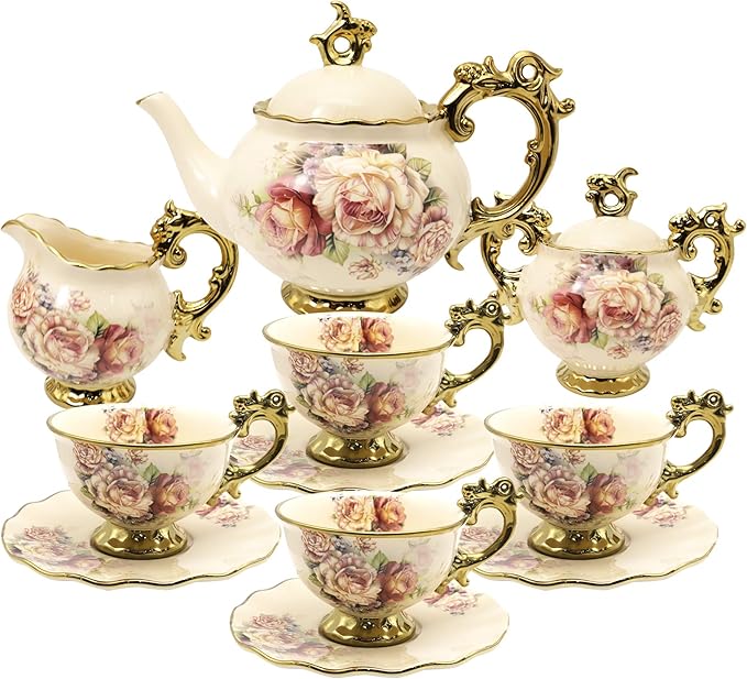 fanquare 15 Pieces British Porcelain Tea Set, Floral Vintage China Coffee Set, Wedding Tea Service for Adult, Big Tea Cup - Bloomnest