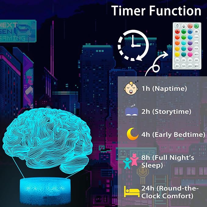 Neurology Gifts, 3D Brain Illusion Lamp, Night Light with16 Colors Changing, Remote Control, Timer, Dimmable, Kids Room Decoration, Xmas Brain Model Gifts - Bloomnest