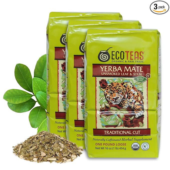 ECOTEAS Organic Yerba Mate Loose Leaf Tea – Unsmoked Detox Herbal Tea for Natural Energy – Coffee Alternative - Kosher, Non-GMO, Gluten-Free - Traditional Cut, 1 lb (Pack of 3) - Bloomnest