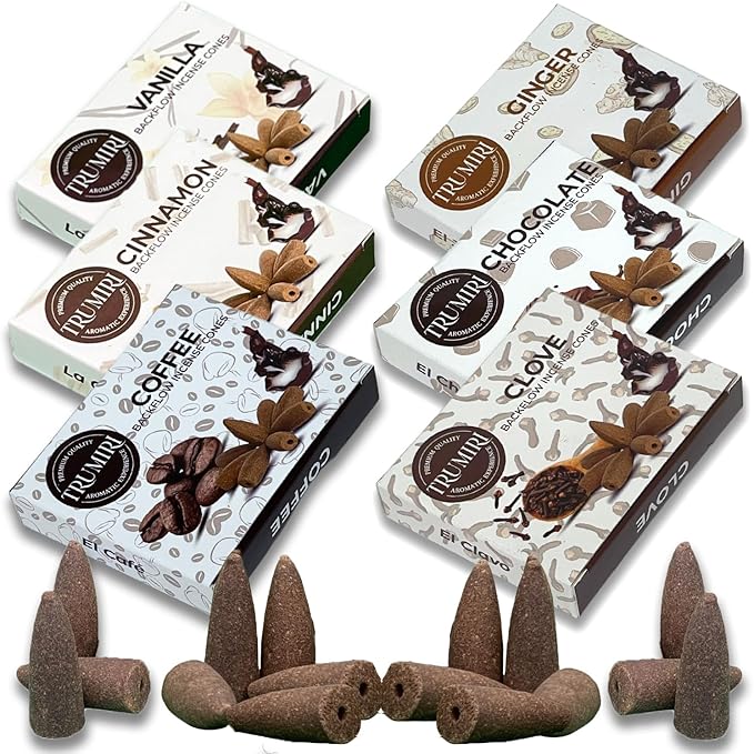 Gourmet - Backflow Incense Cones for Waterfall - Scented Inscents-Cones - Cinnamon, Vanilla, Coffee, Chocolate, Clove, Ginger - Insiensos Aromaticos - 6x10=60 Large Variety Pack TRUMIRI