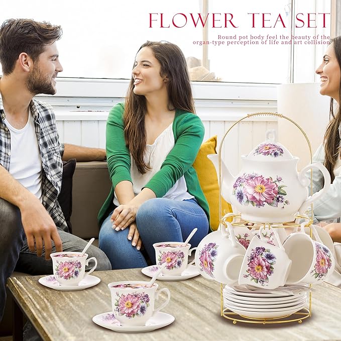 20-Pieces Tea Set For Adult with Golden Metal Rack,Porcelain Tea Sets For Women,Tea Gift Sets for Home&Party(K018) - Bloomnest