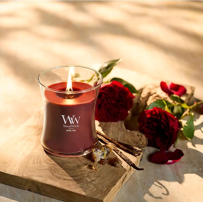 WoodWick Rouge Oud Gifts for Women and Men, 9.7 oz Medium Hourglass Candle with Crackling Wick - Bloomnest
