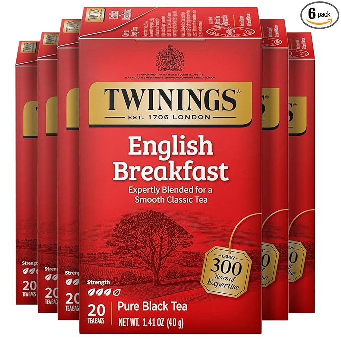 Twinings English Breakfast Black Tea Individually Wrapped Bags, 20 Count (Pack of 6), Flavourful, Robust, Caffeinated, Enjoy Hot or Iced, 120 Teabags - Bloomnest