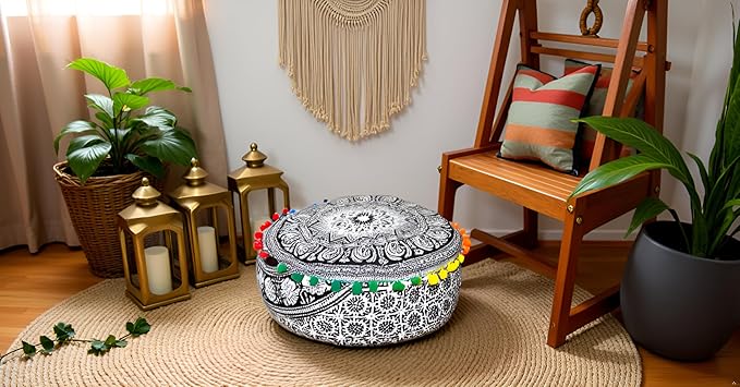 INDIAN CRAFT CASTLE ICC Mandala Barmeri Large Floor Pillow Cover Cushion Meditation Seating Ottoman Throw Cover Hippie Decorative Zipped Bohemian Pouf Ottoman Cases Black Elephant 18" Round - Bloomnest