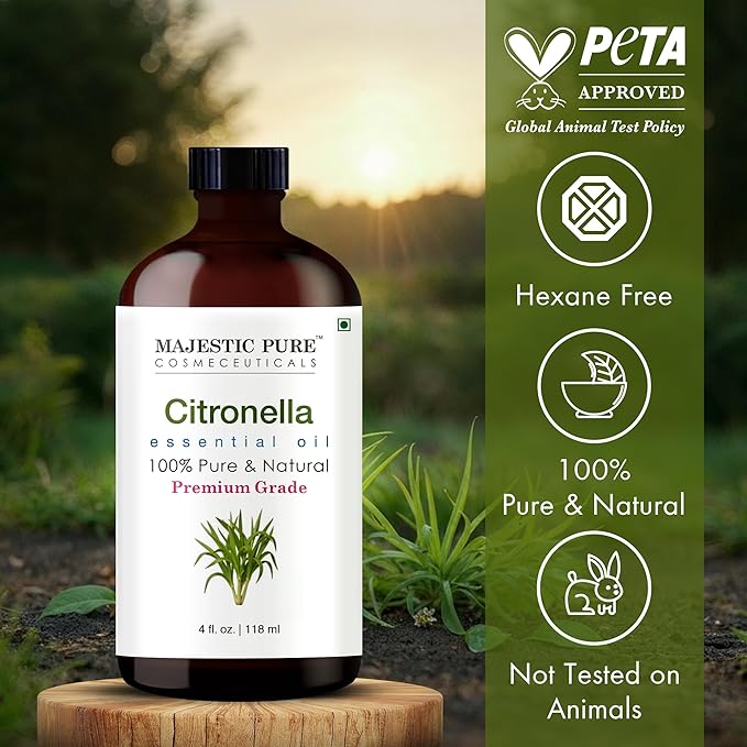 Majestic Pure Citronella Essential Oil with Glass Dropper - 4 Fl Oz - 100% Pure and Natural Citronella Oil - Premium Grade Essential Oils for Diffuser, Aromatherapy, Soap and Candle Making - Bloomnest
