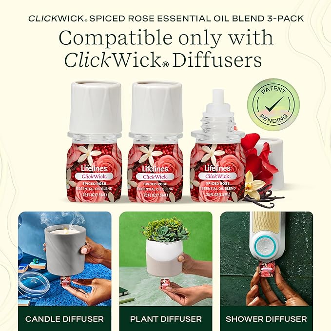 Lifelines ClickWick Essential Oil Blends for Lifelines Diffusers, 3-Pack Spiced Rose Set – Essential Oil Blend Refill for Candle, Plant & Shower Aromatherapy Diffuser – Fragrance for Diffusers - Bloomnest
