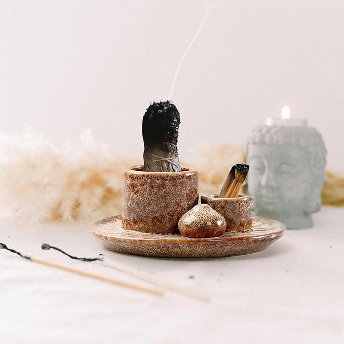 4 in 1 Ceramic Incense Holder, Palo Santo Stick Holder, Sage Holder for Burning, 5.2" Ash Catcher Tray for Meditation, Yoga & Home Decor (Brown)
