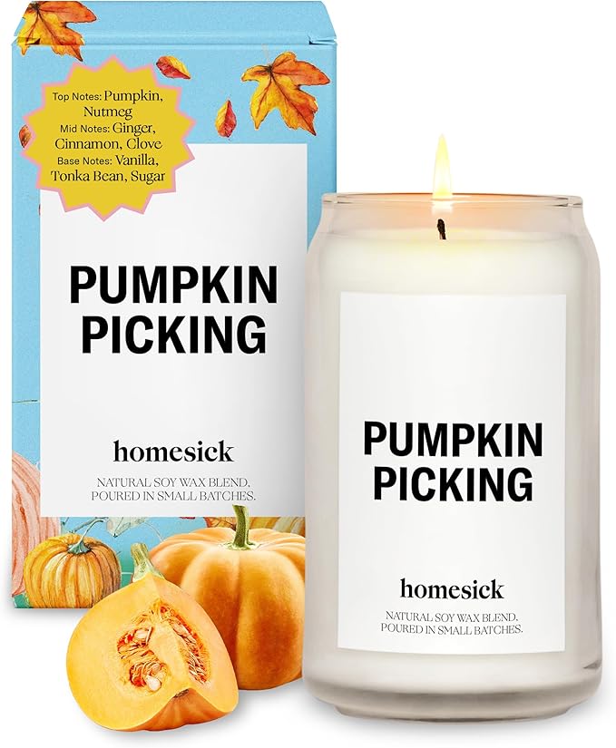 Homesick Scented Candles for Home (Pumpkin Picking) - 13.75 oz Natural Long-Lasting Soy Wax Blend Jar Candle Gifts for Women & Men, 60-80 Hours Burn Time - Notes of Pumpkin, Nutmeg & Ginger - Bloomnest