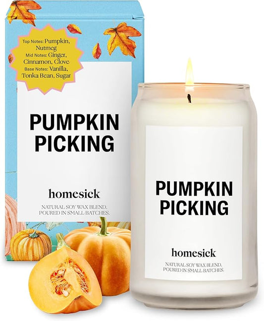 Homesick Scented Candles for Home (Pumpkin Picking) - 13.75 oz Natural Long-Lasting Soy Wax Blend Jar Candle Gifts for Women & Men, 60-80 Hours Burn Time - Notes of Pumpkin, Nutmeg & Ginger - Bloomnest