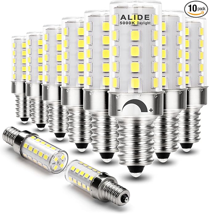 ALIDE Dimmable 5000k Daylight White LED Bulbs, Replace 40W E12 Halogen Equivalent, T6 Base 120V C7 LED Candelabra Bulbs 4W Bright White for Ceiling Fan Salt Lamp, 450lm, 10Pack - Bloomnest
