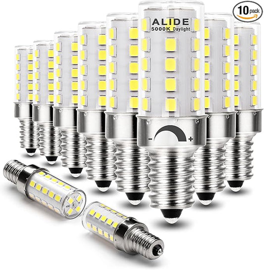 ALIDE Dimmable 5000k Daylight White LED Bulbs, Replace 40W E12 Halogen Equivalent, T6 Base 120V C7 LED Candelabra Bulbs 4W Bright White for Ceiling Fan Salt Lamp, 450lm, 10Pack - Bloomnest
