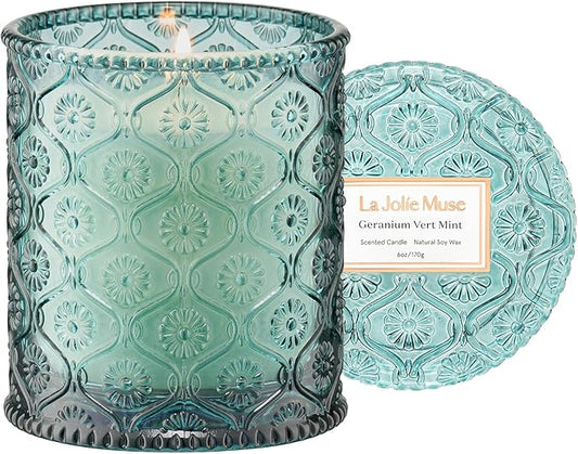 LA JOLIE MUSE Geranium Vert Mint Candle - Mint, Geranium, Lavender | 6 oz Natural Soy Wax | 40 Hours Clean Burn | Fresh Scented Candle | Gift-Ready for Hosts & Gatherings - Bloomnest
