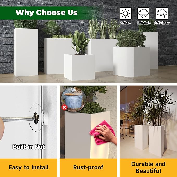 White Steel Metallic Heavy Planter for Outdoor Plants Box 14"x14"x30" Metal Planter Spliced Flower Pots with Partitions for Outside,Indoor,Garden (White, 14 * 14 * 30) - Bloomnest