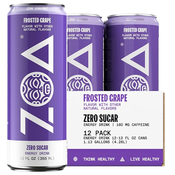 ZOA Zero Sugar Energy Drinks, Frosted Grape - Sugar Free with Electrolytes, Healthy Vitamin C, Amino Acids, Essential B-Vitamins, and Caffeine from Green Tea - 12 Fl Oz (12-Pack) - Bloomnest