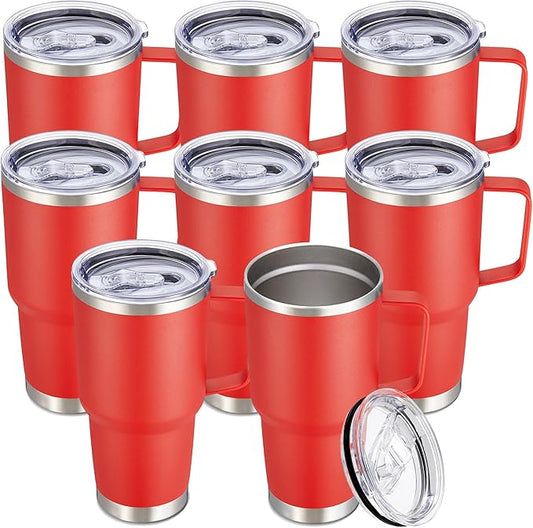 30 oz Tumbler with Handle and Lid, Stainless Steel Tumblers Bulk Double Wall Vacuum Insulated Travel Mug Leak Proof Cup Keep Drinks Cold and Hot Red, 8 Pack