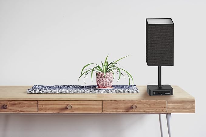 Bedside Table Lamp with Touch Control & USB C+A Charging Ports LED Desk Lamp with 2 AC Outlets, Minimalist Nightstand Light with Black Fabric Shade for Bedroom, Living Room, Office, Black - Bloomnest