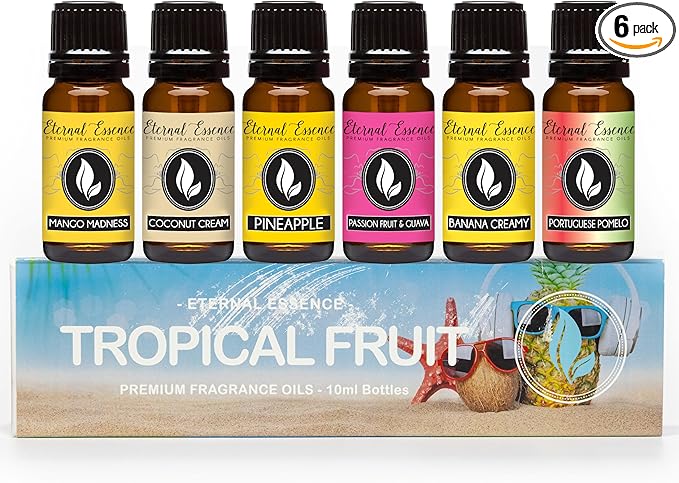 Eternal Essence Oils Tropical Fruit Set of 6 Premium Fragrance Oils - Includes Mango, Coconut Cream, Pineapple, Passion Fruit & Guava, Banana and Portuguese Pomelo Scented Oils - 10ML - Bloomnest