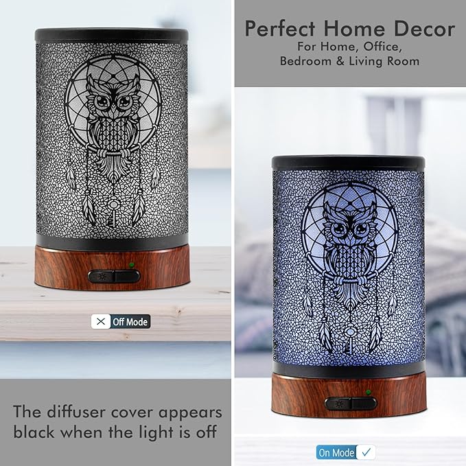 EQUSUPRO Essential Oil Diffuser 150ml Metal Aromatherapy Oil Diffuser Ultrasonic Cool Mist Diffuser with Auto Shut-Off Protection,7 Colors Changed LED for Home Office SPA Yoga (Owl) - Bloomnest